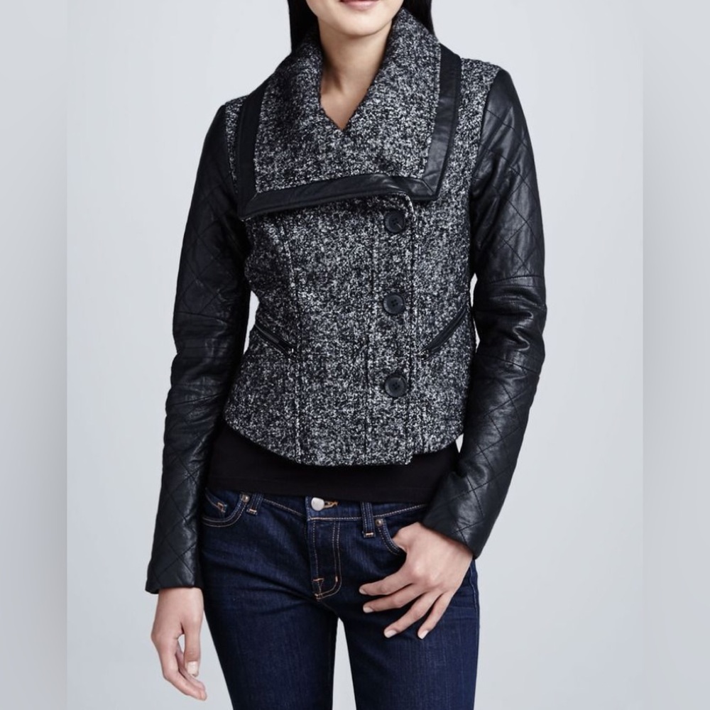 BCBGMAXAZRIA Tweed Jacket with Leather Sleeves